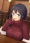  1girl :d bangs black_hair blue_eyes blurry blurry_background blush breasts chair depth_of_field dutch_angle fur_trim glasses hand_up highres indoors large_breasts light long_sleeves looking_at_viewer open_mouth original red_sweater ribbed_sweater sawada_yuusuke short_hair sidelocks sitting sleeves_past_wrists smile solo sweater table turtleneck turtleneck_sweater white-framed_eyewear 