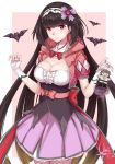  1girl bangs bat black_hair blush bow breasts brown_hair chaldea_uniform character_doll cleavage cloak commentary_request cowboy_shot dated eyebrows_visible_through_hair fate/grand_order fate_(series) fujimaru_ritsuka_(male) gradient_hair hair_ornament hairband highres hood hood_down hooded_cloak long_hair low_twintails medium_breasts multicolored_hair origami osakabe-hime_(fate/grand_order) puffy_short_sleeves puffy_sleeves purple_skirt sash short_sleeves signature skirt solo standing twintails unique_(pixiv12704744) very_long_hair violet_eyes 