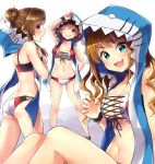  3girls :d arm_up ass bikini black_ribbon blue_eyes breasts brown_eyes brown_hair butt_crack character_request choker cleavage collarbone groin honda_mio hood hood_up hoodie idolmaster idolmaster_cinderella_girls long_hair looking_at_viewer medium_breasts mio_(mgr300) multiple_girls navel open_mouth ribbon short_hair simple_background sitting smile standing sweatdrop swimsuit tied_hair v v-shaped_eyebrows white_background 