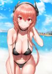  1girl absurdres bangs bare_shoulders beach bikini black_bikini blue_sky blurry blurry_background blush breasts city cleavage closed_mouth clouds collarbone day eyebrows_visible_through_hair girls_frontline gluteal_fold greem_bang groin hair_between_eyes halter_top halterneck hand_on_own_head headgear highres large_breasts leaning_forward long_hair looking_at_viewer m4_sopmod_ii_(girls_frontline) multicolored_hair navel ocean outdoors pink_hair red_eyes redhead sand sidelocks sky smile solo stomach streaked_hair sweat swimsuit 