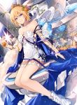  1girl absurdres armlet bangs bare_legs bare_shoulders blonde_hair blue_eyes blue_flower blue_rose boots breasts bug butterfly cleavage closed_mouth collarbone column commentary_request covered_navel dress dutch_angle europa_(granblue_fantasy) eyebrows_visible_through_hair flower fountain gem granblue_fantasy hair_flower hair_ornament highres hizuki_miya insect knee_boots light_rays looking_at_viewer medium_breasts orange_flower orange_rose pillar plant potted_plant purple_flower purple_rose rose sitting smile solo sparkle strapless strapless_dress sunbeam sunlight thorns water white_dress white_footwear 