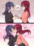  2girls 2koma ?? bangs black_jacket blue_hair blue_shirt blush cellphone ceph_(greatyazawa1819) comic directional_arrow dropping envelope from_side hair_ornament hairclip half_updo hand_on_another&#039;s_shoulder heart highres holding holding_phone jacket kiss long_hair long_sleeves love_live! love_live!_sunshine!! multiple_girls phone pink_shirt redhead sakurauchi_riko shirt side_bun silent_comic smartphone smile spoken_object sweatdrop tsushima_yoshiko violet_eyes yellow_eyes yuri 