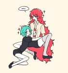 2others androgynous aqua_eyes aqua_hair gem_uniform_(houseki_no_kuni) hand_on_another&#039;s_head houseki_no_kuni hug long_hair looking_at_another looking_at_viewer multiple_others open_clothes open_shirt padparadscha_(houseki_no_kuni) petting phosphophyllite red_eyes redhead short_hair sitting smile sparkle thigh-highs very_long_hair wavy_hair 