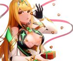  1girl armor artist_request bangs bare_shoulders blonde_hair breasts chocolate cleavage_cutout earrings elbow_gloves gem gloves headpiece highres mythra_(xenoblade) jewelry large_breasts long_hair nintendo shoulder_armor solo swept_bangs tiara valentine xenoblade_(series) xenoblade_2 yellow_eyes 