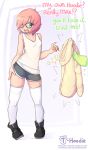  1girl artist_name blush collarbone commission drawstring english_text eyebrows_visible_through_hair full_body glasses green_eyes hand_on_hip highres hood hoodie hoodie_removed looking_at_viewer open_mouth original pink_hair short_hair shorts smile solo star t-hoodie thigh-highs thighs tumblr_username twitter_username watermark web_address white_legwear 