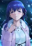  1girl blue_eyes blue_hair blush breasts commentary_request crying crying_with_eyes_open dress fate/stay_night fate_(series) fur-trimmed_jacket fur_trim hair_ribbon hand_on_own_chest haoni jacket large_breasts long_hair long_sleeves looking_at_viewer matou_sakura night open_clothes open_jacket outdoors parted_lips pink_jacket purple_ribbon ribbon snowing solo tears upper_body white_dress 