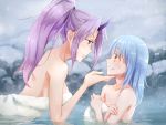  1boy 1girl blue_hair breasts chin_grab chocofox collarbone eye_contact face-to-face from_side grin horn large_breasts long_hair looking_at_another naked_towel nervous_smile onsen partially_submerged ponytail profile purple_hair rimuru_tempest shion_(tensei_shitara_slime_datta_ken) smile snow snowing tensei_shitara_slime_datta_ken towel violet_eyes water yellow_eyes 