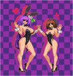  2girls :d alternate_costume animal_ears bare_legs bare_shoulders black_footwear black_leotard bow bowtie breasts brown_hair bunny_girl bunnysuit checkered checkered_background cleavage covered_navel cross-laced_clothes detached_collar drop_shadow fake_animal_ears flower full_body hair_flower hair_ornament hairband hand_holding heart high_heels highleg highleg_leotard interlocked_fingers large_breasts leotard long_hair looking_at_viewer lowres medium_breasts multiple_girls open_mouth purple_background purple_hair rabbit_ears red_eyes shoes short_hair siblings sisters smile standing takorin touhou tsukumo_benben tsukumo_yatsuhashi very_long_hair violet_eyes w_arms waving wrist_cuffs 