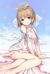  1girl angel angel_wings bare_arms bare_legs barefoot beige_dress blue_sky blush breasts brown_eyes brown_hair collarbone commentary_request detached_wings dress eyebrows_visible_through_hair feathered_wings feathers hagiwara_yukiho hair_between_eyes hair_ornament halo idolmaster idolmaster_(classic) looking_at_viewer occhan_(11715) short_hair sitting sky small_breasts smile solo star white_feathers white_wings wings 