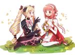  2girls black_bow black_gloves blonde_hair bow ddomy_pangin dress earrings elise_(fire_emblem_if) fire_emblem fire_emblem_if gloves grass hair_bow hairband highres jewelry long_hair multicolored_hair multiple_girls nintendo open_mouth petals pink_bow pink_hair purple_hair sakura_(fire_emblem_if) short_hair sitting twintails violet_eyes wreath 