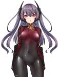  1girl :o bangs bodysuit breasts grey_hair hair_between_eyes headgear highres humanization long_hair looking_at_viewer nova_(warframe) nova_prime_(warframe) open_mouth patton_(cross-bones-t) plugsuit red_eyes simple_background small_breasts solo twintails warframe white_background 