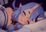  1girl bangs bare_shoulders black_choker black_hair blanket blue_hair blurry blurry_background blush breasts choker cleavage closed_eyes depth_of_field dot_nose facing_viewer fang horns indoors japanese_clothes long_hair long_sleeves lunch_(lunch3) lying mole mole_under_mouth multicolored_hair nijisanji on_bed on_side oni_horns open_mouth pillow pink_eyes pointy_ears rindou_mikoto short_eyebrows sidelocks smile solo streaked_hair thick_eyebrows virtual_youtuber wide_sleeves 
