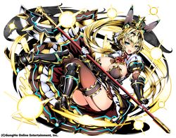  1girl :d animal_ears arm_warmers axe black_footwear blue_eyes boots bracer braid breasts brown_legwear brown_skirt cleavage company_name copyright_request crown crown_braid fake_animal_ears full_body garter_straps gloves holding holding_polearm holding_weapon knee_boots large_breasts long_hair looking_at_viewer open_mouth ponytail puffy_short_sleeves puffy_sleeves red_neckwear sessue short_sleeves sitting skirt smile solo thighs very_long_hair weapon white_background white_gloves 