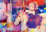  1girl :d absurdres blonde_hair blue_dress blue_hairband blurry blurry_background carousel confetti dress gloves hairband highres night night_sky open_mouth original red_gloves red_neckwear short_sleeves sidelocks sky smile solo unicorn 