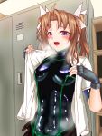  black_gloves bodysuit breasts brown_hair gloves highres kagerou_(kantai_collection) kantai_collection latex latex_bodysuit locker locker_room looking_down open_clothes open_mouth open_shirt parazan_d ribbon shelf shiny skin_tight sweat tentacle_clothes twintails violet_eyes white_ribbon 