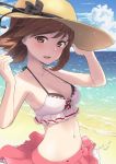  1girl :d alice_gear_aegis arms_up bangs bare_arms bare_shoulders beach bikini bikini_top black_bow blush bow breasts brown_eyes brown_hair cleavage clouds cloudy_sky cowboy_shot dated day errant eyebrows_visible_through_hair hand_on_headwear hat hat_bow highres looking_at_viewer medium_breasts navel ocean open_mouth outdoors pink_skirt red_ribbon ribbon ribbon-trimmed_bikini shore short_hair signature skirt sky smile solo stomach strap_gap sun_hat sutegoro_shiina swept_bangs swimsuit water white_bikini 