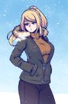  1girl akairiot bangs blonde_hair blue_eyes blush_stickers breasts breath casual fur_trim hands_in_pockets highres hood hood_down large_breasts long_hair metroid mole mole_under_mouth nintendo pants ponytail revision samus_aran snowing solo sweater swept_bangs turtleneck turtleneck_sweater winter winter_clothes 
