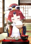  1girl apron bangs benienma_(fate/grand_order) blunt_bangs blush bowl brown_hair brown_hat brown_kimono chopsticks closed_eyes closed_mouth cocozasa commentary_request facing_viewer fate/grand_order fate_(series) fish hat head_tilt heart highres holding holding_bowl holding_spoon indoors japanese_clothes kimono long_hair long_sleeves rice rice_bowl smile solo spoon very_long_hair white_apron wide_sleeves wooden_spoon 