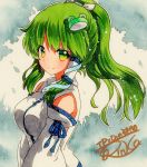  1girl bow breasts detached_sleeves eyebrows_visible_through_hair frog_hair_ornament green_eyes green_hair hair_bow hair_ornament hair_tubes kochiya_sanae long_hair looking_at_viewer medium_breasts nontraditional_miko ponytail qqqrinkappp shikishi signature smile snake_hair_ornament solo touhou traditional_media tree upper_body wide_sleeves 