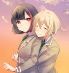 2girls ^_^ aoba_moca bang_dream! bangs black_hair blazer bob_cut closed_eyes collared_shirt green_neckwear grey_hair grey_jacket haneoka_school_uniform hug hug_from_behind jacket komachi_narota long_sleeves mitake_ran multicolored_hair multiple_girls necktie red_eyes redhead school_uniform shirt short_hair smile streaked_hair striped striped_neckwear sunset upper_body