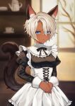  1girl animal_ears apron black_ribbon blue_eyes blush bookshelf breasts cat_ears cat_girl cat_tail closed_mouth collar commentary_request corset cup dark_skin dress frilled_shirt_collar frills hands_together indoors juliet_sleeves long_sleeves looking_at_viewer maid maid_apron medium_breasts neck_ribbon original puffy_sleeves ribbon short_hair solo standing tail teacup teapot underbust upper_body white_apron white_hair window yakibird 