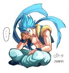  ... 1boy 2019 abs bangs blue_eyes blue_hair clothes_lift dated dragon_ball dragon_ball_super_broly expressionless fingernails frown full_body gogeta hand_on_own_cheek hand_rest head_tilt highres legs_crossed male_focus muscle nipples pants serious shaded_face shirtless short_hair simple_background sitting speech_bubble spiky_hair super_saiyan_blue waistcoat white_background white_pants wristband yuki_(yukirkgk33) 