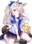  1girl alternate_costume animal_ear_fluff animal_ears azur_lane bag bangs baozi bird black_footwear black_skirt blue_ribbon blue_shirt blush breasts chick commentary_request dog_ears dog_tail eyebrows_visible_through_hair floating_hair food food_in_mouth grey_hair hair_over_one_eye hair_ribbon id_card kabocha_usagi kneehighs kneeling lawson loafers long_hair looking_at_viewer miniskirt mouth_hold paper_bag pleated_skirt red_eyes ribbed_legwear ribbon shadow shirt shoes short_sleeves simple_background sitting skirt solo tail thick_eyebrows thighs torpedo trembling white_background white_legwear yuudachi_(azur_lane) 