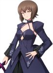 1girl armor armored_dress artoria_pendragon_(all) bangs black_dress breasts brown_eyes brown_hair cleavage closed_mouth commentary cosplay cowboy_shot dark_excalibur dress empty_eyes fate/grand_order fate/stay_night fate_(series) frown girls_und_panzer hand_on_hip highres holding holding_sword holding_weapon juliet_sleeves long_dress long_sleeves looking_at_viewer medium_breasts nishizumi_maho omachi_(slabco) puffy_sleeves saber_alter saber_alter_(cosplay) short_hair shrug_(clothing) simple_background solo standing sword weapon white_background 