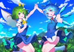 2girls ascot blue_eyes blue_hair bow breasts brown_footwear cirno clouds cloudy_sky daiyousei day dress fairy_wings fang forest green_eyes green_hair hair_bow hand_holding highres ice ice_wings jumping looking_at_viewer medium_breasts multiple_girls nature neck_ribbon puffy_short_sleeves puffy_sleeves ribbon shoes short_hair short_sleeves sky small_breasts smile socks thighs touhou tree wings yuujin_(mhhnp306) 