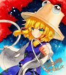  1girl blonde_hair breasts brown_hat cowboy_shot eyebrows_visible_through_hair green_eyes hair_ribbon hat looking_at_viewer moriya&#039;s_iron_rings moriya_suwako pyonta qqqrinkappp ribbon shikishi short_hair sidelocks signature skirt skirt_set small_breasts smile solo touhou traditional_media vest wide_sleeves 