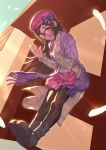  1girl beret blush bow brown_hair fate/grand_order fate_(series) glasses hand_on_own_chest hat heroic_spirit_traveling_outfit long_hair osakabe-hime_(fate/grand_order) pantyhose rotix violet_eyes waving wavy_mouth 