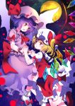  2girls ankle_cuffs ascot bat_wings blonde_hair bow dress eyebrows_visible_through_hair fang flandre_scarlet flying frilled_skirt frills full_moon hand_holding hat hat_ribbon highres looking_at_another mob_cap moon multiple_girls night night_sky open_mouth orange_eyes purple_hair red_eyes red_footwear remilia_scarlet ribbon shirt shoes siblings sisters skirt skirt_set sky socks star_(sky) starry_sky touhou vest white_footwear wings wrist_cuffs yuujin_(mhhnp306) 