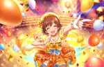 1girl balloon blush brown_hair closed_eyes confetti dress hat holding_microphone honda_mio idolmaster idolmaster_cinderella_girls idolmaster_cinderella_girls_starlight_stage microphone official_art open_mouth short_hair smile solo stage_lights