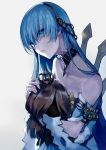  1girl anastasia_(fate/grand_order) bare_shoulders blue_dress blue_eyes blue_hair blurry brown_hair brown_hairband closed_mouth collar collarbone crown depth_of_field doll dress eyebrows_visible_through_hair fate/grand_order fate_(series) fur-trimmed_dress fur_trim hairband hand_on_head head_tilt holding holding_doll jewelry light light_particles lips lipstick long_hair looking_up makeup mini_crown neck_ring royal_robe shiny shiny_hair simple_background solo straight_hair strapless strapless_dress tareme upper_body very_long_hair viy walzrj white_background yellow_hairband 