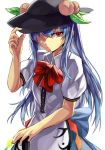  1girl adjusting_clothes adjusting_hat black_hat blue_hair bow bowtie breasts collared_shirt cowboy_shot food fruit hand_on_headwear hand_on_hilt hat highres hinanawi_tenshi kani_nyan long_hair looking_at_viewer one_eye_covered peach red_eyes shirt short_sleeves simple_background small_breasts solo straight_hair touhou white_background 