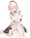  1girl apron azur_lane bangs between_legs blush breasts choker cleavage closed_mouth dress frills hair_between_eyes hairband hand_between_legs hand_on_own_leg highres lace-trimmed_hairband large_breasts maid maid_dress mi_398 puffy_sleeves red_eyes red_ribbon ribbon short_hair short_sleeves sidelocks sirius_(azur_lane) sitting solo thigh-highs white_hair 