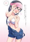  1girl bangs bikini bikini_top black_hair blush breasts cleavage commentary_request embarrassed hat heart love_live! love_live!_sunshine!! love_live!_sunshine!!_the_school_idol_movie_over_the_rainbow medium_breasts overalls paw_pose shorts single_tear solo speech_bubble star swimsuit translation_request violet_eyes visor_cap watanabe_tsuki white_bikini yamamoto_chavez 