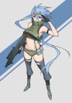  1girl absurdres arm_strap armpits ash-12.7 ash-12.7_(girls_frontline) assault_rifle bangs bare_shoulders black_gloves black_legwear black_shirt blue_footwear blue_hair breasts commentary_request covering_mouth crop_top floating_hair full_body girls_frontline gloves green_shorts green_vest grey_background gun hair_between_eyes hair_ornament hand_up highres hongchajun legs_apart long_hair looking_at_viewer medium_breasts micro_shorts midriff navel rifle salute shirt shoes shorts sleeveless sleeveless_shirt solo standing stomach thigh-highs turtleneck v-shaped_eyebrows very_long_hair vest violet_eyes weapon 