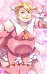  1boy \n/ arm_up artist_name ascot bare_shoulders big_belly blonde_hair blue_eyes blurry blurry_background breasts cleavage commentary_request cosplay dress facial_hair fat fat_man fate/grand_order fate/kaleid_liner_prisma_illya fate_(series) feathers frilled_dress frills gloves goldorf_musik hair_feathers highres large_breasts leaning_forward looking_at_viewer male_focus mustache orange_neckwear pink_background pink_dress pink_legwear prisma_illya prisma_illya_(cosplay) sakura_tsubame solo sparkle thigh-highs two_side_up v-shaped_eyebrows white_gloves 