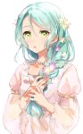  1girl :o alternate_hairstyle aqua_hair bang_dream! braid dress flower flower_necklace green_eyes hair_between_eyes hair_flower hair_ornament hair_over_shoulder hikawa_sayo jewelry komachi_narota long_hair long_sleeves looking_at_viewer necklace see-through_sleeves simple_background single_braid solo upper_body white_background 