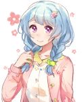  1girl alternate_hairstyle bang_dream! bangs blue_hair braid collarbone floral_background floral_print flower hair_flower hair_ornament hair_over_shoulder hairpin holding holding_hair komachi_narota light_blue_hair long_hair long_sleeves looking_at_viewer matsubara_kanon pink_cardigan pom_pom_(clothes) shirt sketch smile solo twin_braids upper_body violet_eyes white_shirt 