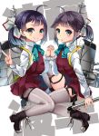  2girls ahoge asymmetrical_bangs bangs black_hair blue_neckwear blush boots bow bowtie cannon cross-laced_footwear dress fujinami_(kantai_collection) gouda_nagi grey_legwear hair_ribbon hayanami_(kantai_collection) interlocked_fingers kantai_collection lace-up_boots long_hair long_sleeves machinery mast multiple_girls open_mouth pantyhose pleated_dress ponytail purple_hair ribbon school_uniform seamed_legwear shirt short_hair side-seamed_legwear side_ponytail sidelocks sleeveless sleeveless_dress smile smokestack thigh-highs torpedo white_ribbon white_shirt yellow_eyes 