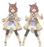  1girl :d absurdres amane_rosylily animal_ear_fluff animal_ears bangs belt belt_buckle black_legwear blush boots brown_belt brown_coat brown_eyes brown_footwear brown_hair buckle clenched_hands coat collarbone commentary_request criss-cross_halter dress eyebrows_visible_through_hair fang fox_ears fox_girl fox_tail halterneck highres knee_boots long_sleeves looking_at_viewer multiple_views open_clothes open_coat open_mouth original sekira_ame simple_background smile standing tail thigh-highs white_background white_dress 