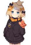  1girl abigail_williams_(fate/grand_order) bandaid bandaid_on_face bangs black_bow black_jacket black_skirt blonde_hair blue_eyes blush bow closed_mouth commentary_request cowboy_shot doll fate/grand_order fate_(series) hair_bow hair_bun highres holding holding_doll hongchajun jacket long_hair long_sleeves looking_at_viewer miniskirt orange_bow parted_bangs pleated_skirt polka_dot polka_dot_bow simple_background skirt sleeves_past_fingers sleeves_past_wrists solo standing star star_print stuffed_animal stuffed_toy teddy_bear white_background 