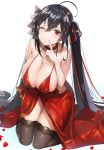  1girl ahoge arm_under_breasts azur_lane bangs bare_shoulders black_hair blush breasts choker cleavage collarbone dress eyebrows_visible_through_hair finger_to_face hair_between_eyes hair_ornament hair_ribbon halter_dress highres huge_breasts kneeling large_breasts long_hair looking_at_viewer one_eye_closed petals red_dress red_eyes red_ribbon ribbon simple_background skindentation solo strapless taihou_(azur_lane) twintails very_long_hair white_background yayoichi_(yoruyoru108) 