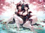  2girls ass azur_lane bangs black_hair blue_eyes blunt_bangs blush bob_cut breasts cherry_blossoms chinese_commentary cleavage commentary_request falling_petals fish fusou_(azur_lane) in_water japanese_clothes kimono koi large_breasts medium_hair multiple_girls paw_pose petals red_eyes short_hair siblings sideboob sisters sitting tearing_up thigh-highs torn_clothes torn_legwear water white_legwear xing yamashiro_(azur_lane) 