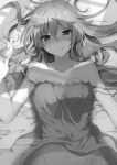  1girl bed_sheet breasts cleavage collarbone darkness_(konosuba) eyebrows_visible_through_hair from_above greyscale groin hair_between_eyes highres kono_subarashii_sekai_ni_shukufuku_wo! long_hair looking_at_viewer lying medium_breasts midriff mishima_kurone monochrome navel novel_illustration off_shoulder official_art on_back shiny shiny_hair shirt sleeveless sleeveless_shirt stomach sweatdrop 