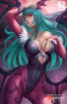  1girl animal_print bangs bare_shoulders bat bat_print bat_wings breasts bridal_gauntlets cleavage demon_girl feathers green_hair hand_on_head hand_on_own_chest head_wings heart_cutout large_breasts leotard long_hair looking_at_viewer low_wings moon morrigan_aensland norman_de_mesa pantyhose parted_lips print_legwear purple_legwear purple_wings standing succubus vampire_(game) wings 