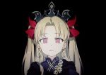  1girl @_@ bangs black_background blonde_hair blue_dress commentary_request dress earrings ereshkigal_(fate/grand_order) eyebrows_visible_through_hair fate/grand_order fate_(series) gomennasai hair_ribbon infinity jewelry long_hair looking_at_viewer parted_bangs parted_lips red_eyes red_ribbon ribbon simple_background skull solo tiara two_side_up upper_body 