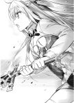  1girl assassins_pride braid breasts cleavage_cutout floating_hair from_side greyscale hair_between_eyes hair_ribbon highres holding holding_sword holding_weapon long_hair merida_angel miniskirt monochrome neck_ribbon ninomoto novel_illustration official_art open_mouth ribbon skirt small_breasts solo sword thigh-highs weapon 